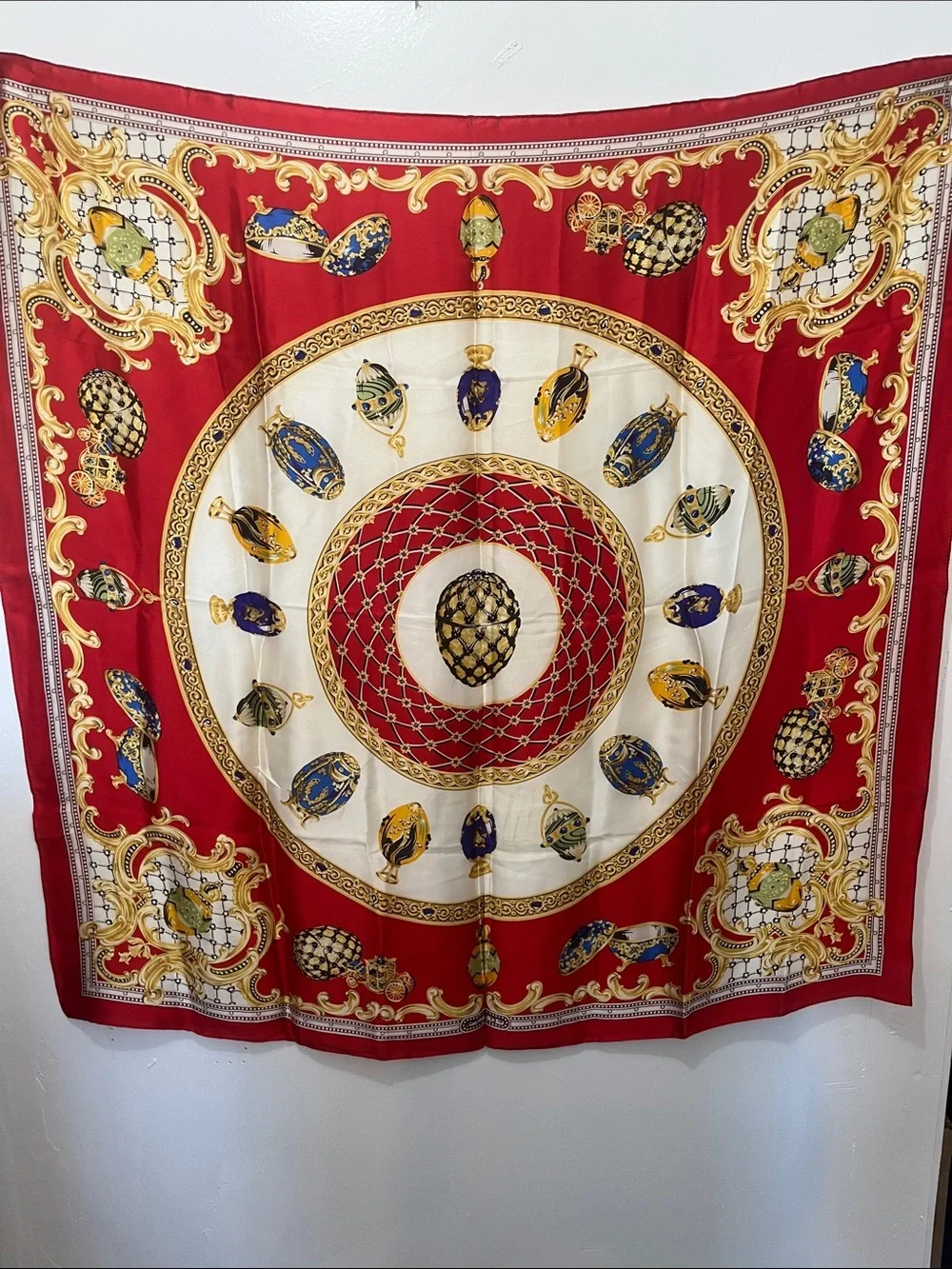Decorative Red and Gold pure silk scarf - Picture 2 of 6